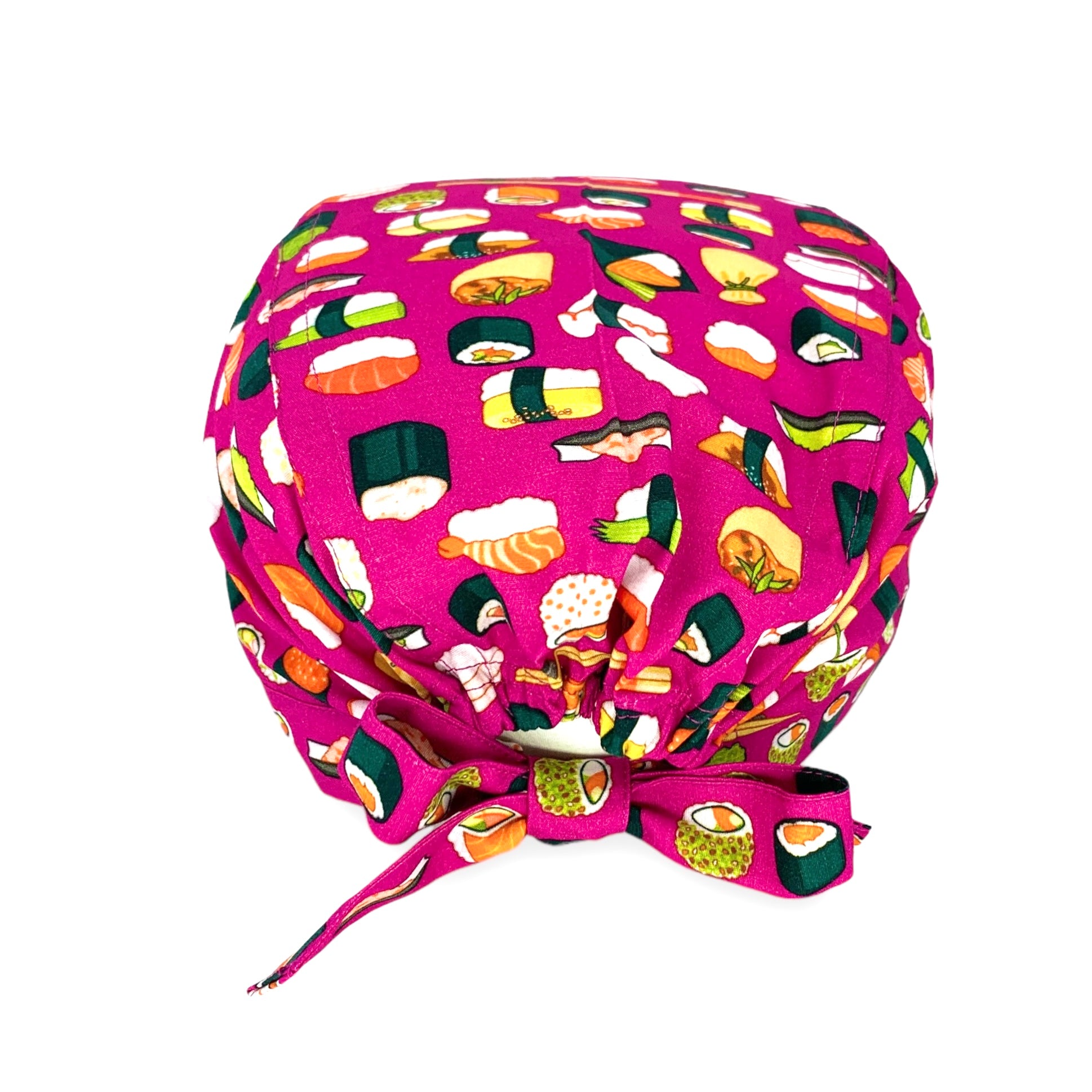 Cuffietta chirurgica con svariati tipi di piatti tipici della cucina giapponese, generalmente chiamati sushi:  nigiri, sashimi, uramaki, maki, temaki, hosomaki, gunkan, futomaki, su sfondo MAGENTA