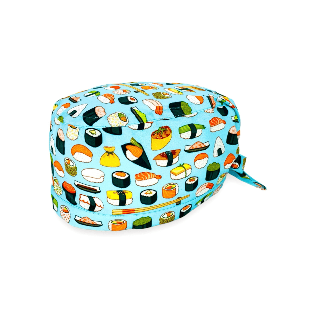 Cuffietta chirurgica con svariati tipi di piatti tipici della cucina giapponese, generalmente chiamati sushi: nigiri, sashimi, uramaki, maki, temaki, hosomaki, gunkan, futomaki, su sfondo azzurro, grigio, MAGENTA, FUCSIA O BLU AVIO