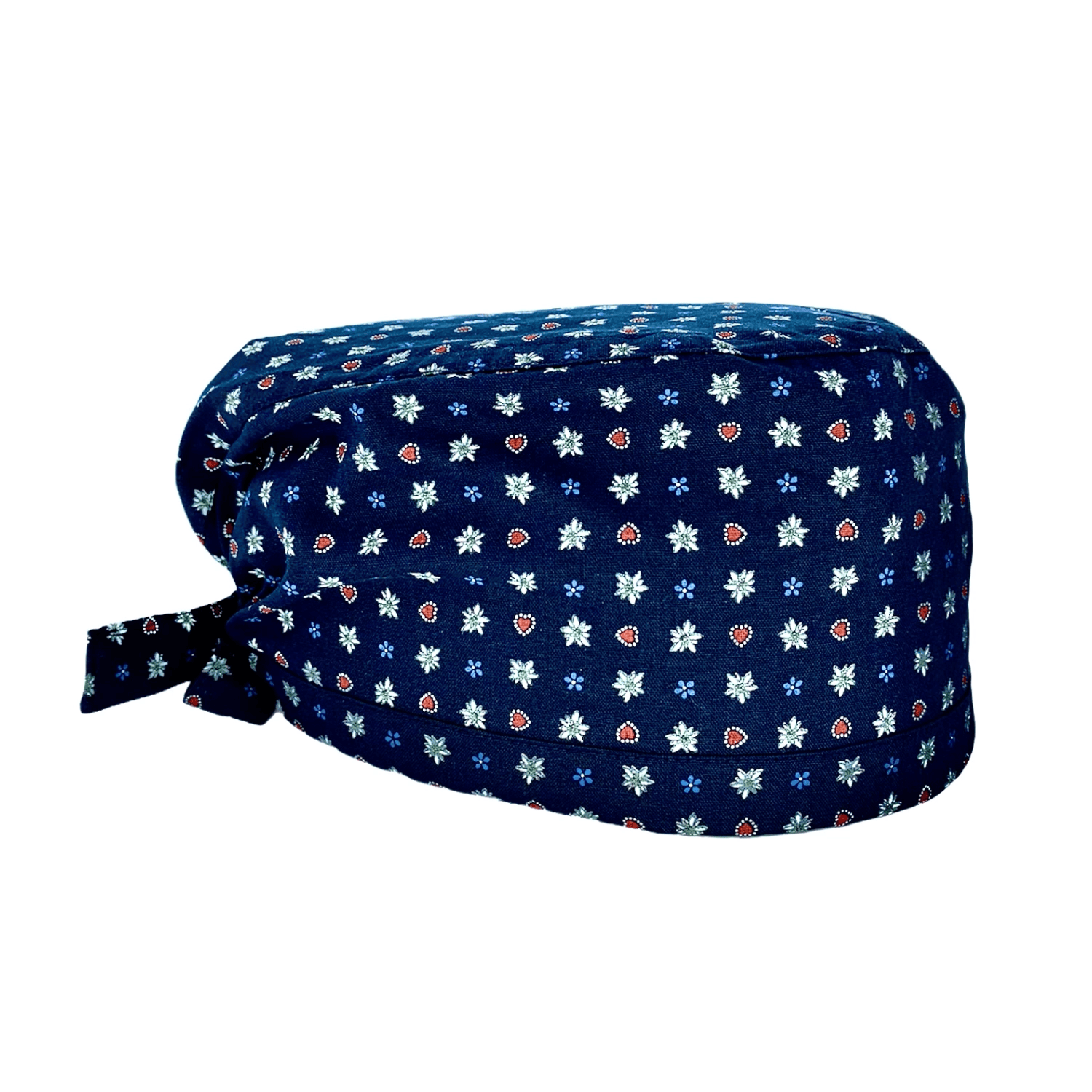Cuffietta chirurgica in tela di cotone originale tirolese, base tinta unita blu scuro, azzurro intenso, bordeaux o rosa con motivo di piccole stelle alpine, genziane e cuoricini