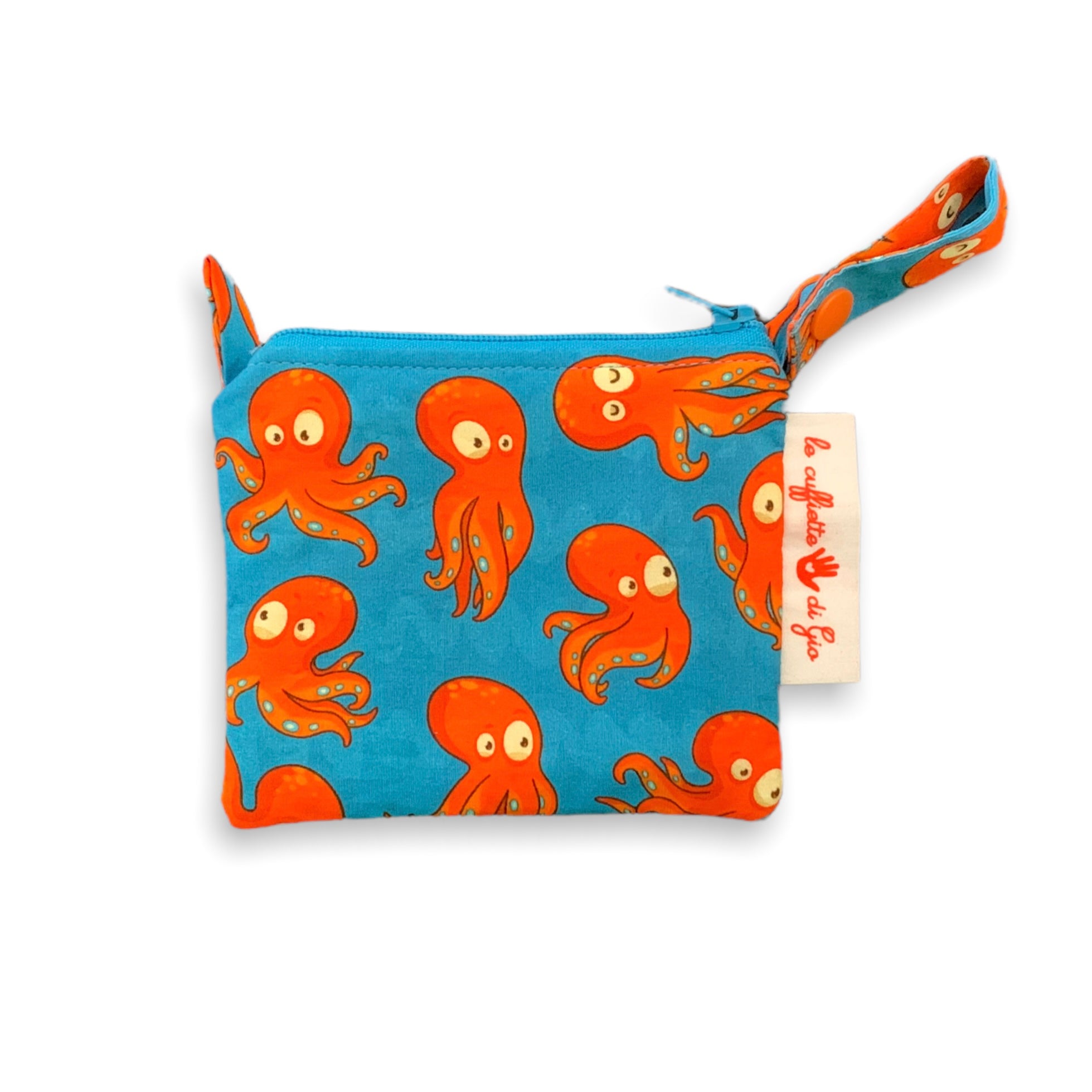 Borsellino portamonete azzurro intenso con polipi arancioni che fanno facce curiose