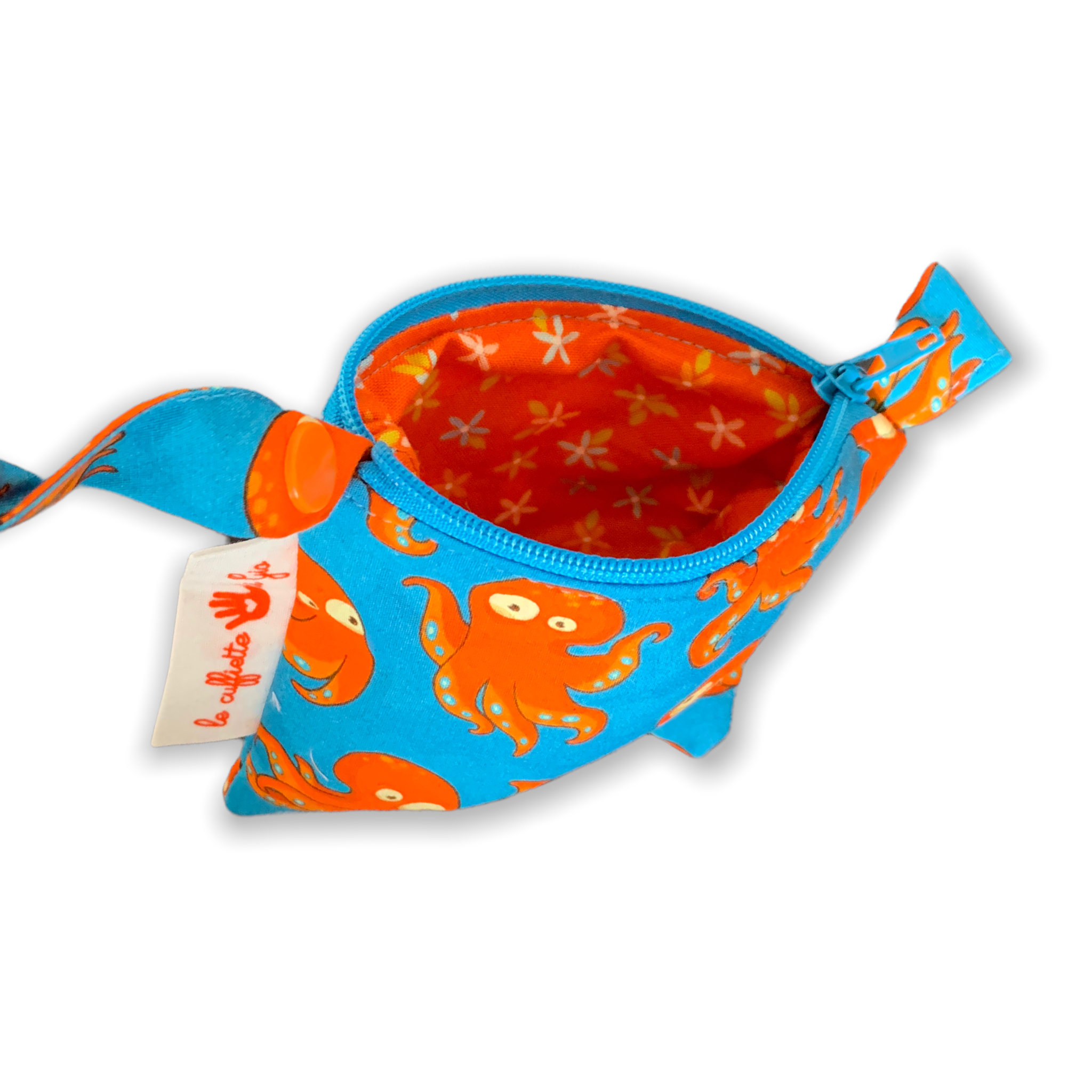 Borsellino portamonete azzurro intenso con polipi arancioni che fanno facce curiose