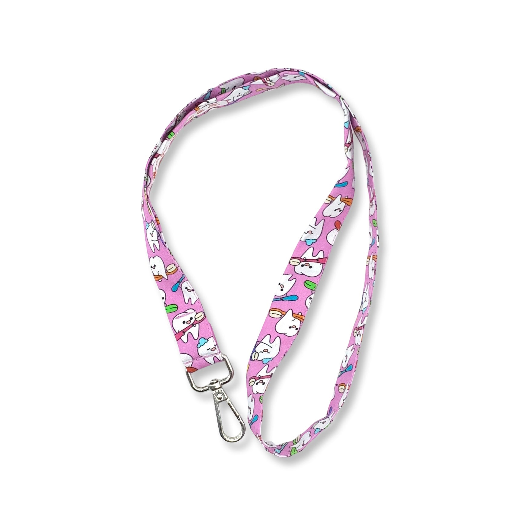 Una fascetta da collo portabadge con un design simpatico e colorato! Il laccetto ha ha il fondo rosa intenso con una serie di dentini animati intenti a lavarsi i denti e ognuno di loro tiene uno spazzolino con il manico colorato.