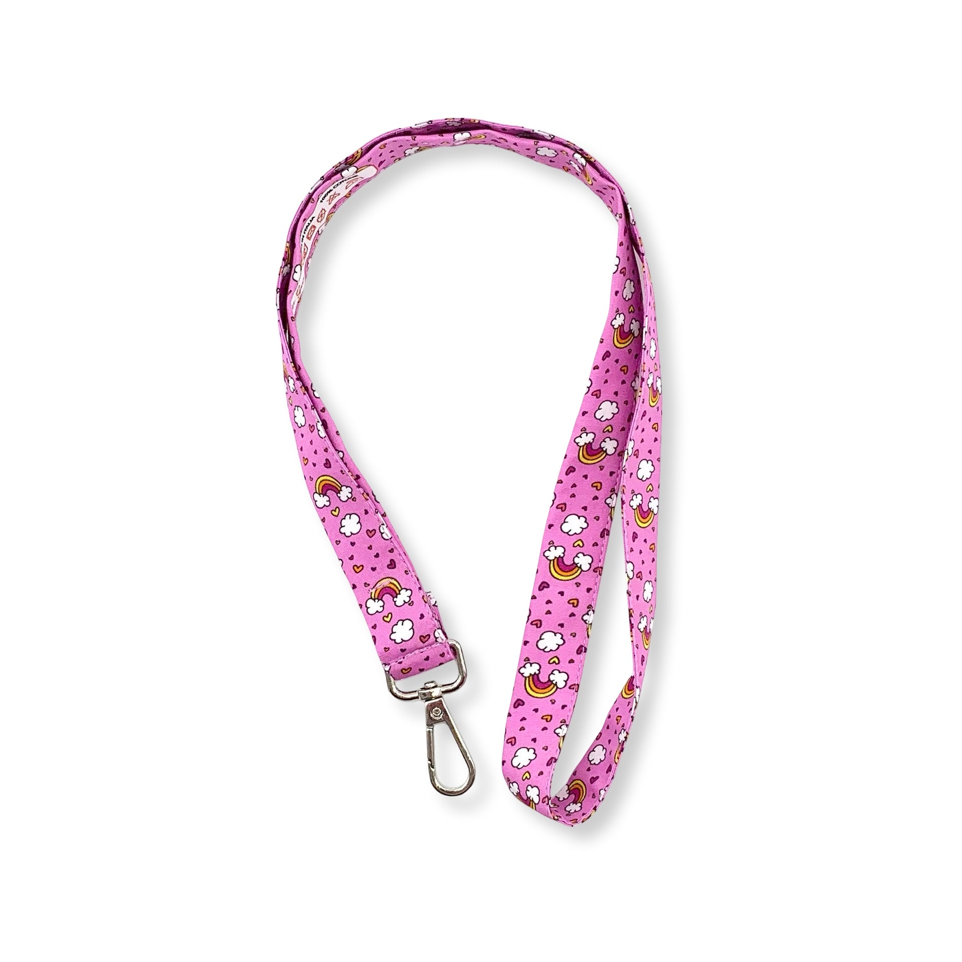 Una fascetta da collo portabadge con tanti piccoli arcobaleni; fondo rosa, è lunga 45 cm e corredata di moschettone in metallo separabile per il lavaggio grazie al bottone automatico