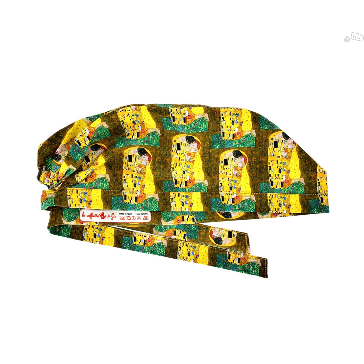 immagine laterale cuffia medica stirata con logo le cuffiette di gio stampato internamente. Stampa de Il Bacio di Gustav Klimt.