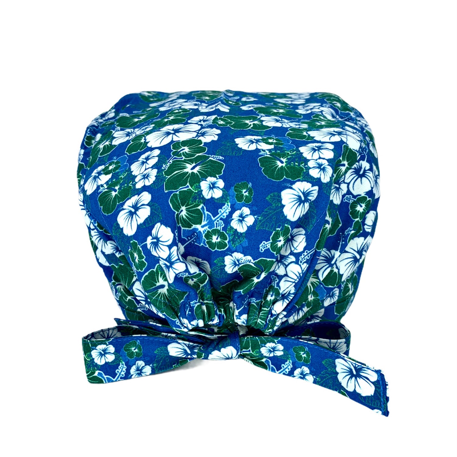 Cuffietta chirurgica con fiori hawaiiani bianchi e verdi su base blu medio