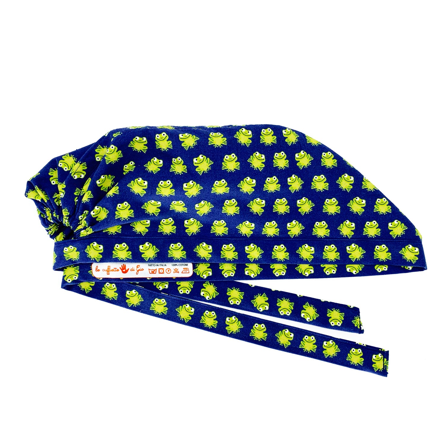 Cuffietta chirurgica con tante piccole ranocchie verde acido su sfondo blu, un pattern semplice e una combinazione di colori energizzante