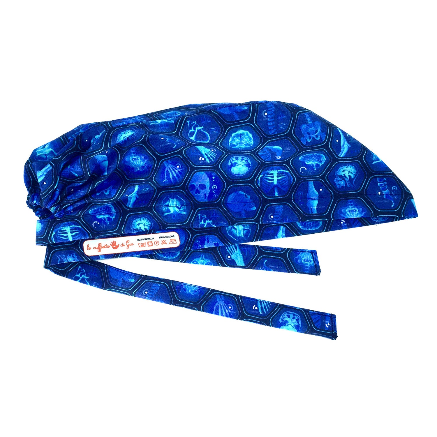Cuffietta con immagini radiologiche di varie parti del corpo umano con effetto raggi X su cuffietta a sfondo blu.
