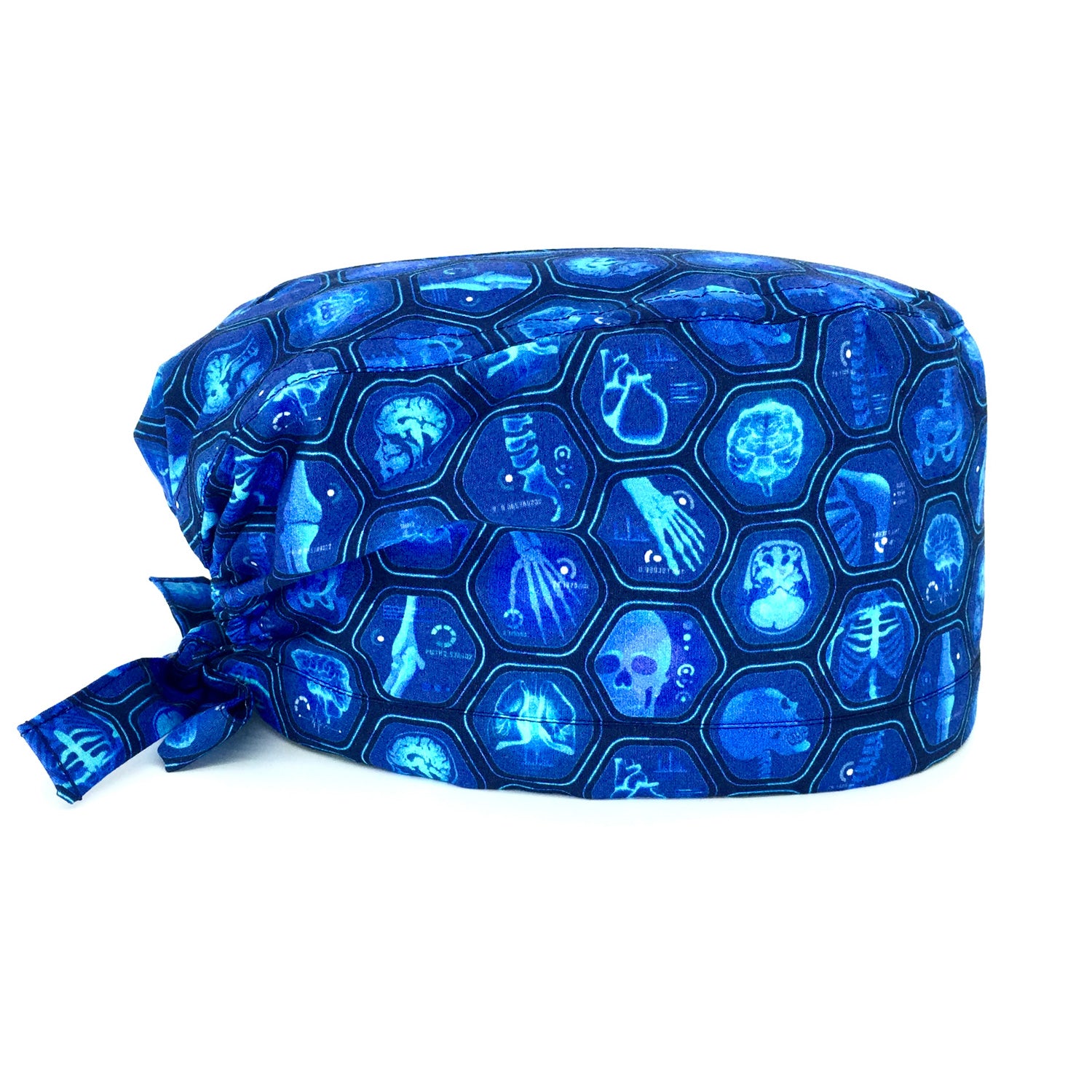 Cuffietta con immagini radiologiche di varie parti del corpo umano con effetto raggi X su cuffietta a sfondo blu.