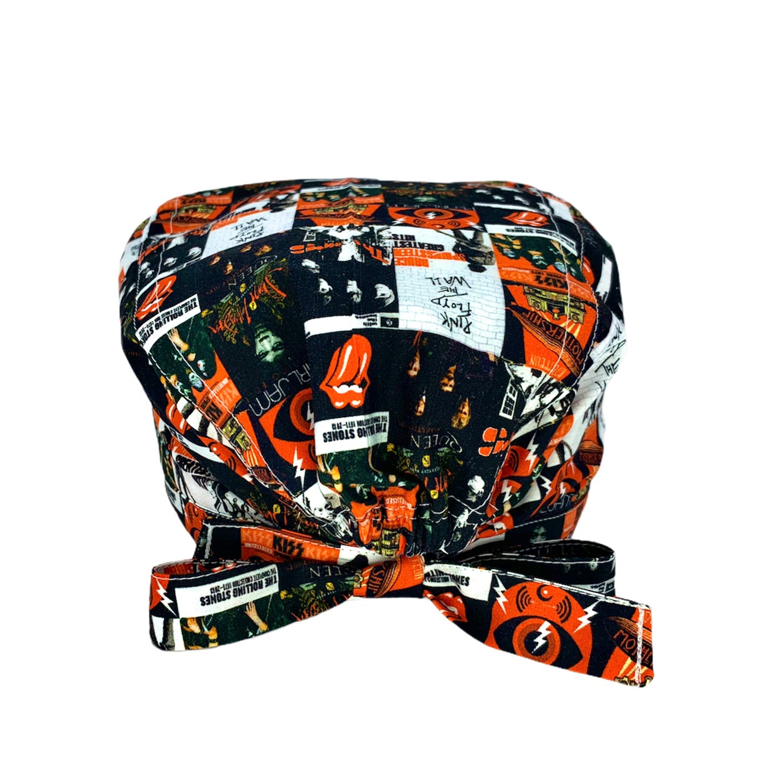 Cuffietta chirurgica con album cover di alcuni album iconici della storia della musica rock