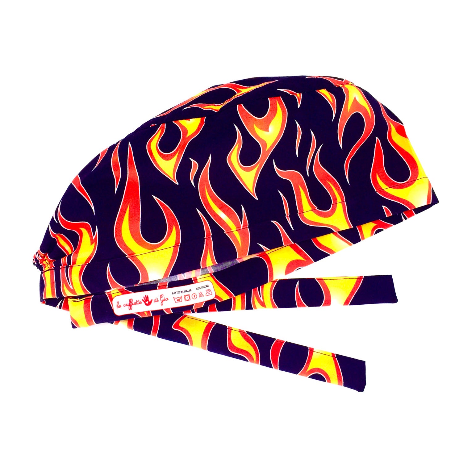 Cuffietta chirurgica nera con fiamme stilizzate rosse e gialle