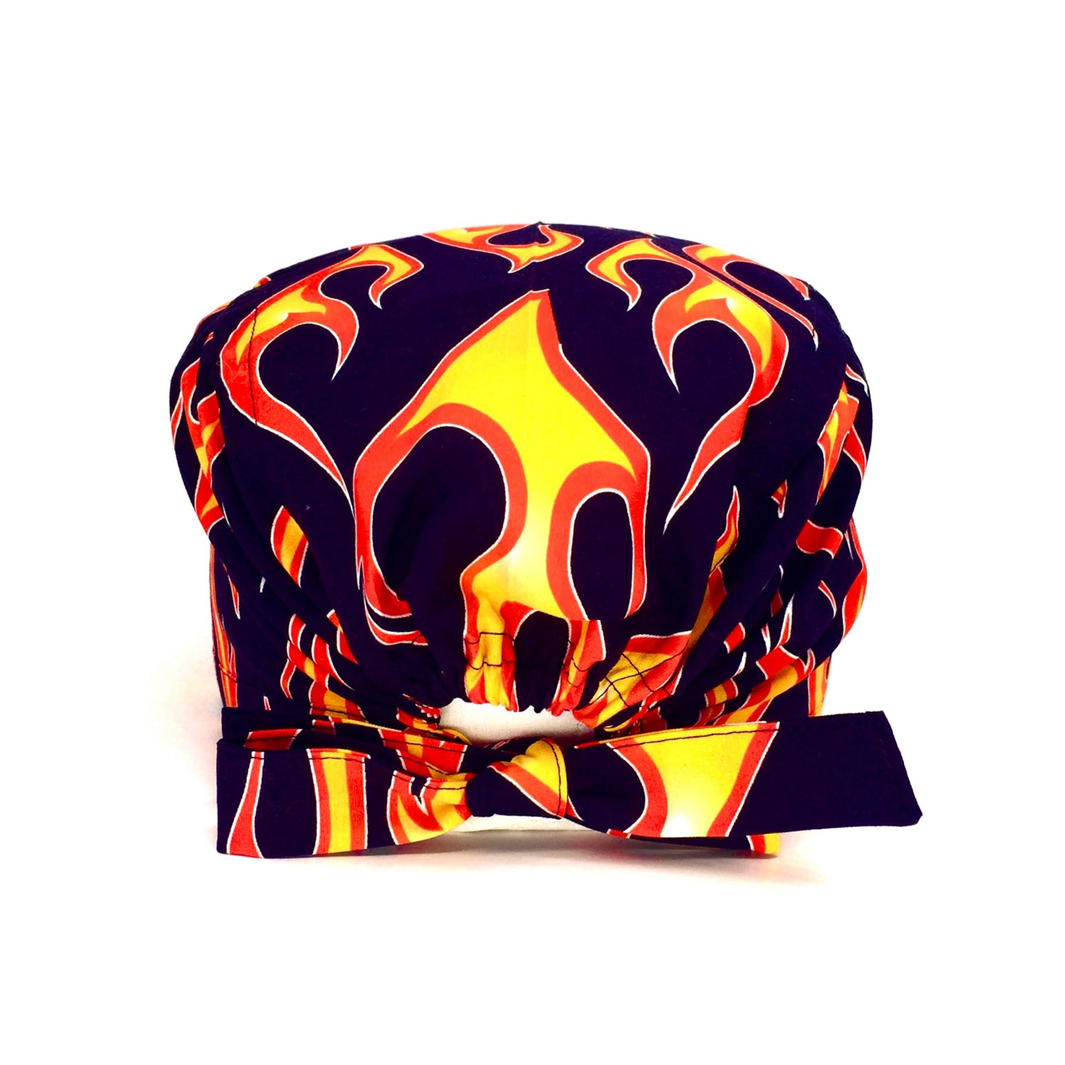 Cuffietta chirurgica nera con fiamme stilizzate rosse e gialle