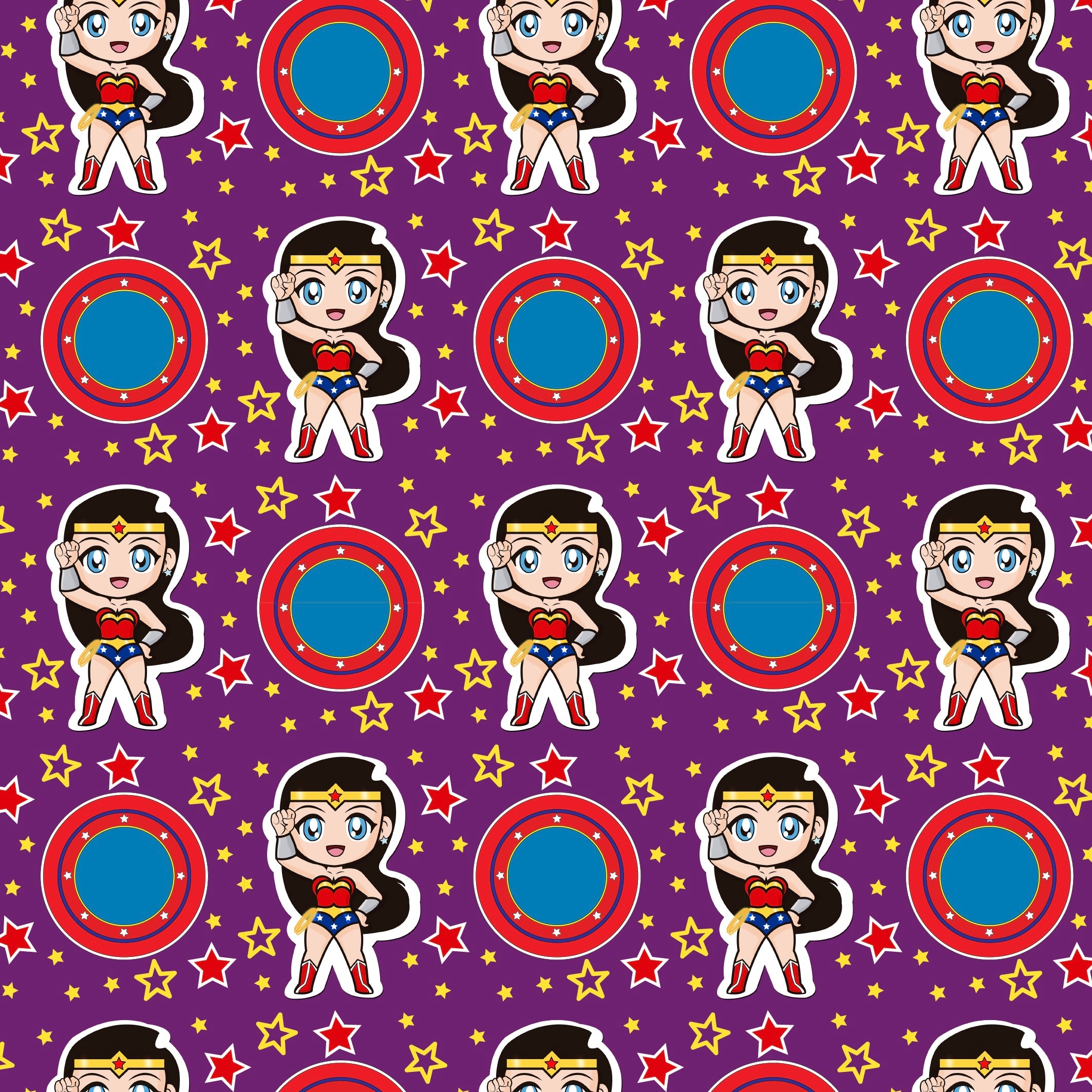 Cuffietta chirurgica con una ragazza super eroe, stelline colorate e simbolo di doppia w, sfondo viola