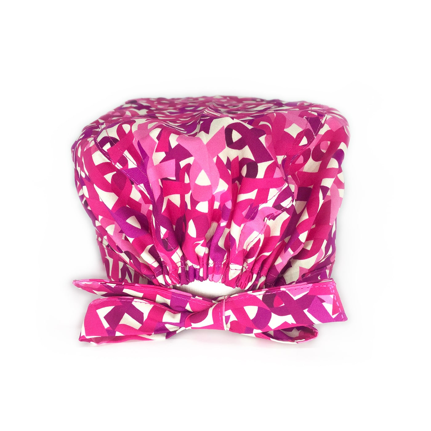 Il Nastro Rosa o Pink Ribbon famoso simbolo della prevenzione contro il cancro al seno rappresentato in una cuffietta su fondo bianco riempita di nastrini dalle varie sfumature di rosa.