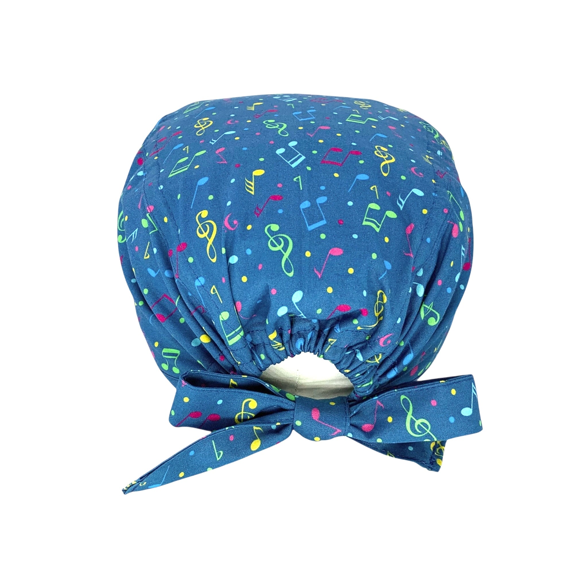 Cuffietta chirurgica con note musicali colorate sparse su sfondo blu medio