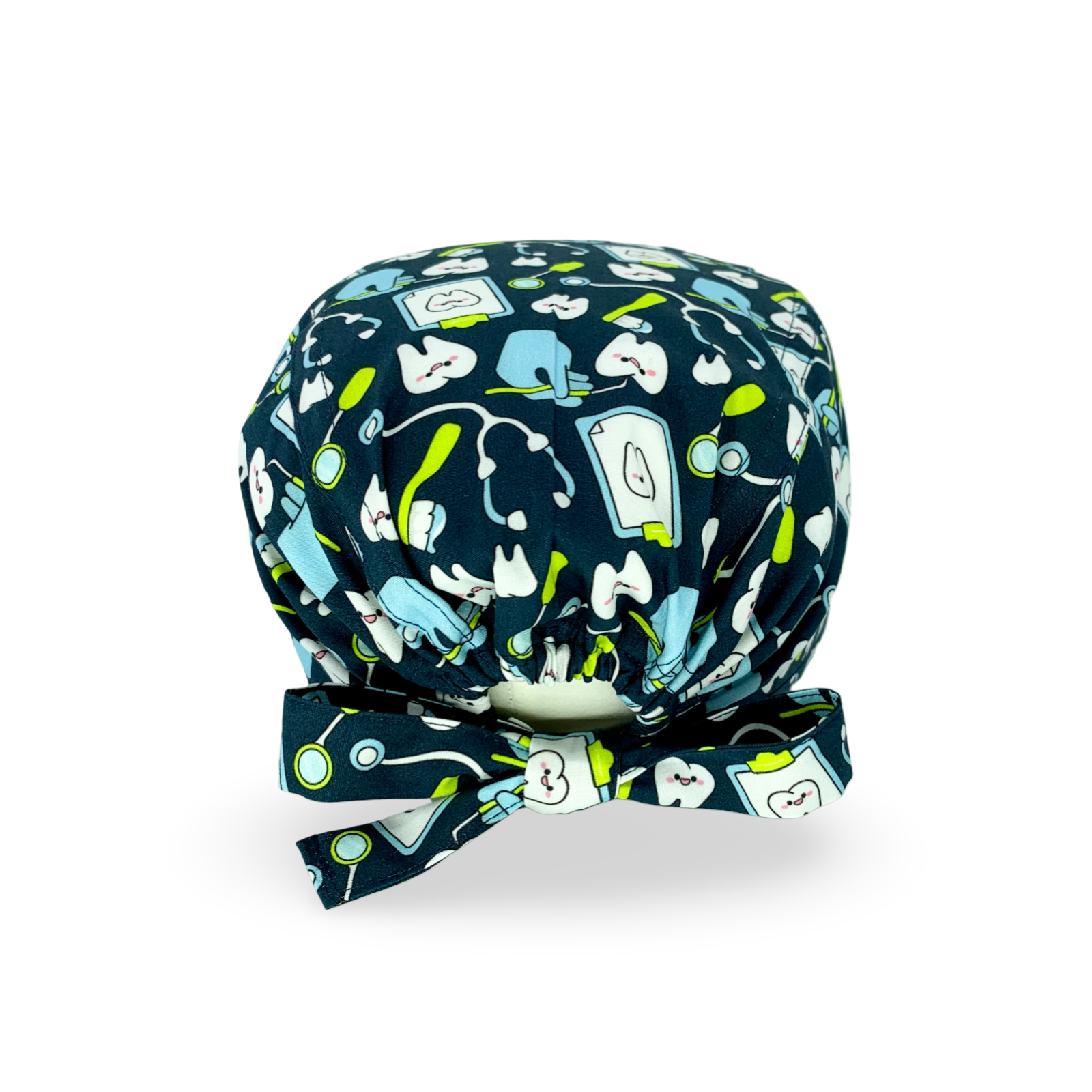 Un design sobrio ma d'effetto grazie all'elegante mix di colori, lo sfondo scuro mette in risalto gli elementi che la ricoprono: stetoscopi, spazzolini, cartelle mediche, scavini, specchietti stilizzati. Vista POSTERIORE