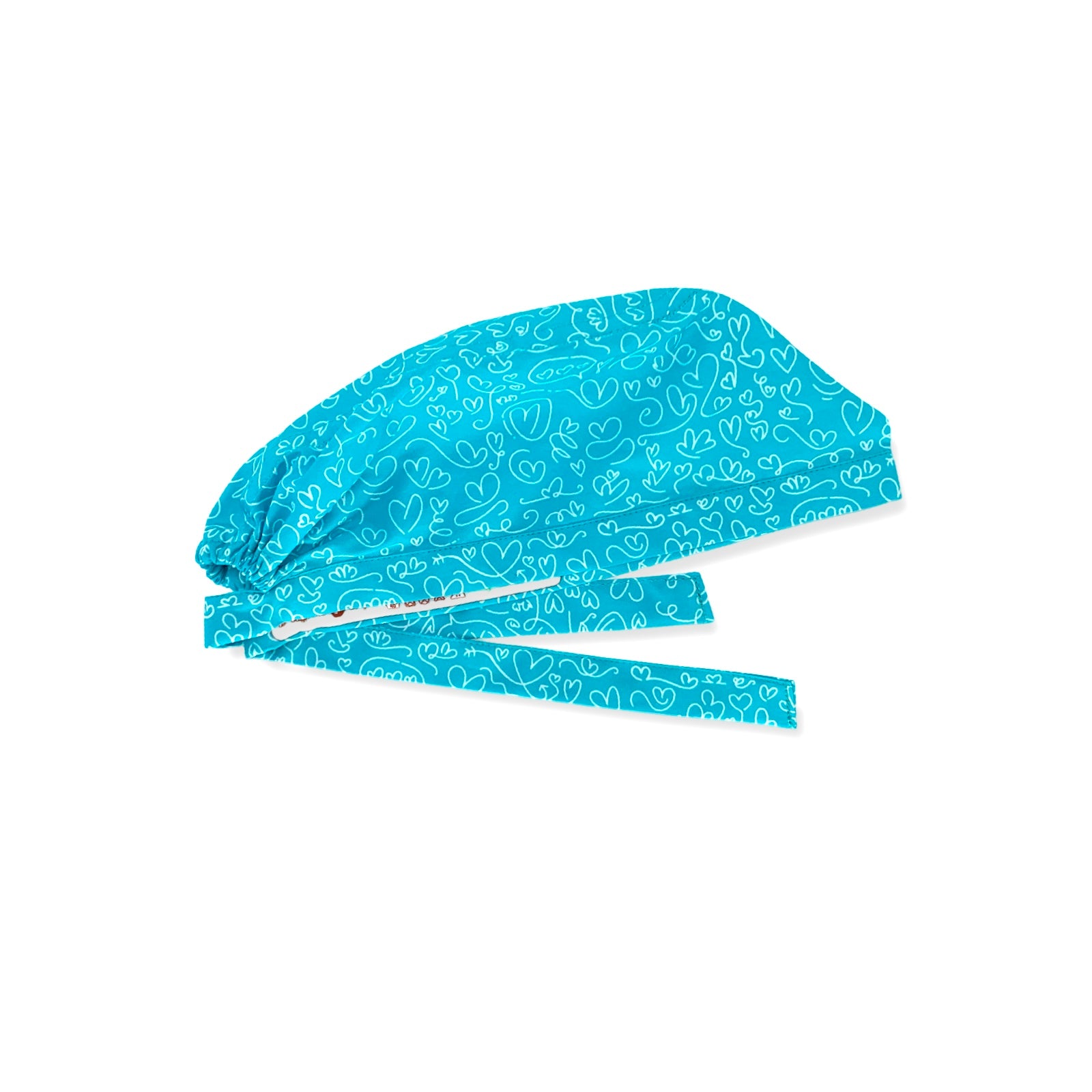 Un'elegantissima fantasia per questa cuffietta chirurgica, tappezzata di cuoricini scarabocchiati a mano con un tratto bianco su base tinta unita lilla, fucsia o turchese.