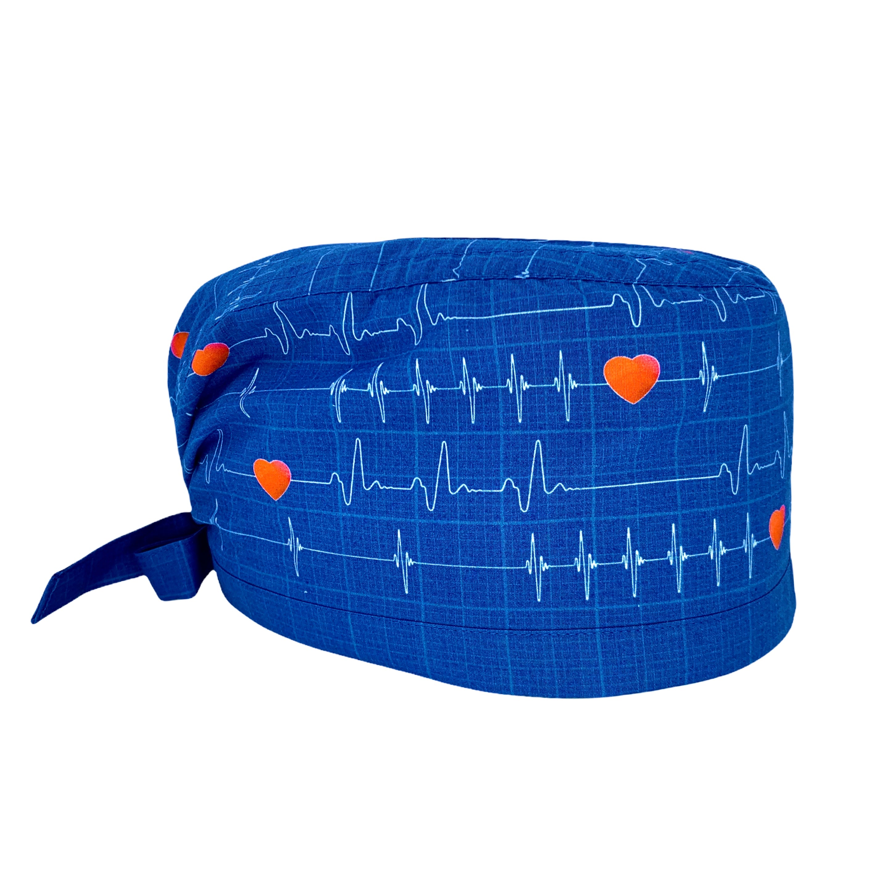 Cuffietta con tracciati ECG su base blu e piccoli cuori rossi.