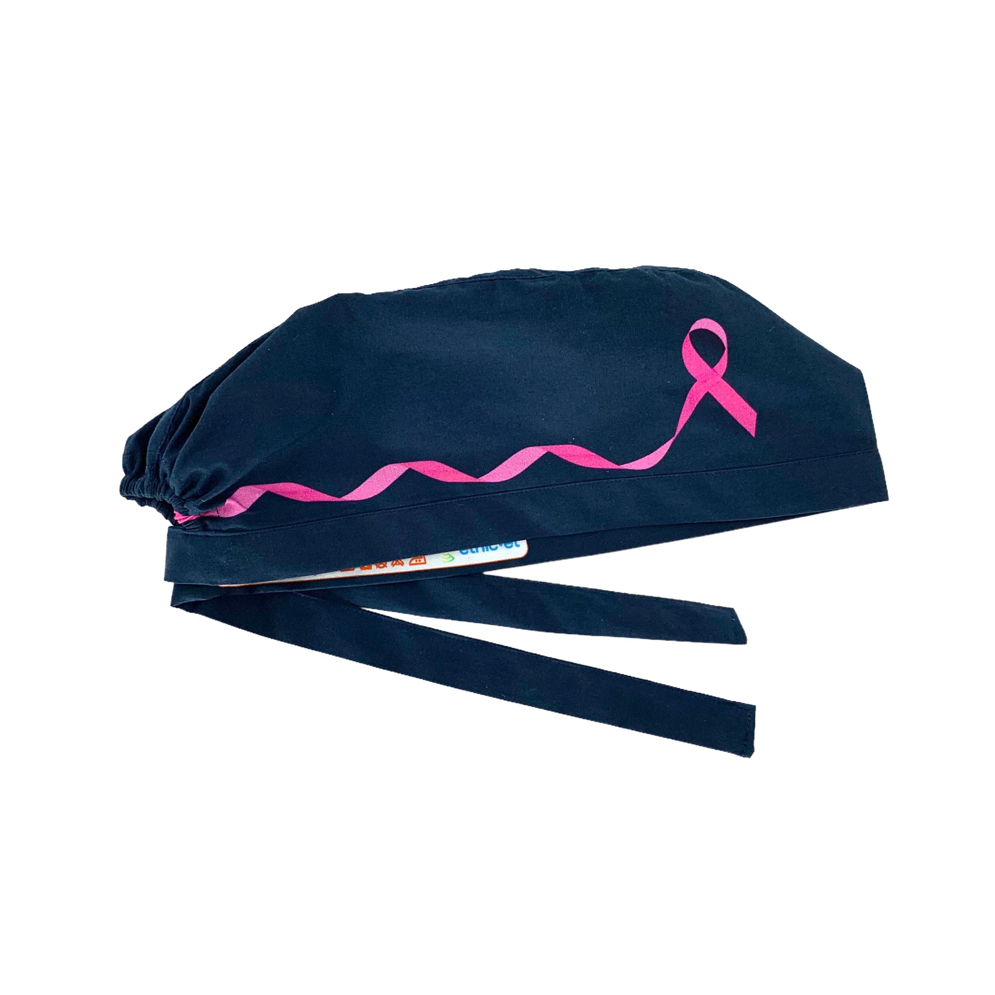 Cuffietta chirurgica blu scuro con fiocco rosa su entrambi i lati, simbolo di lotta e impegno contro il cancro al seno