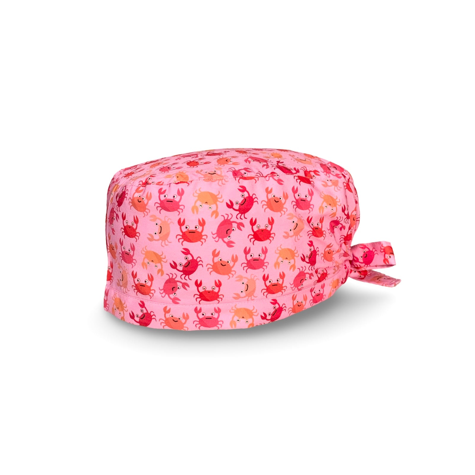 Una cuffia chirurgica simpatica ed elegante al tempo stesso, con una miriade di granchietti colorati tono su tono rispetto alla base rosa