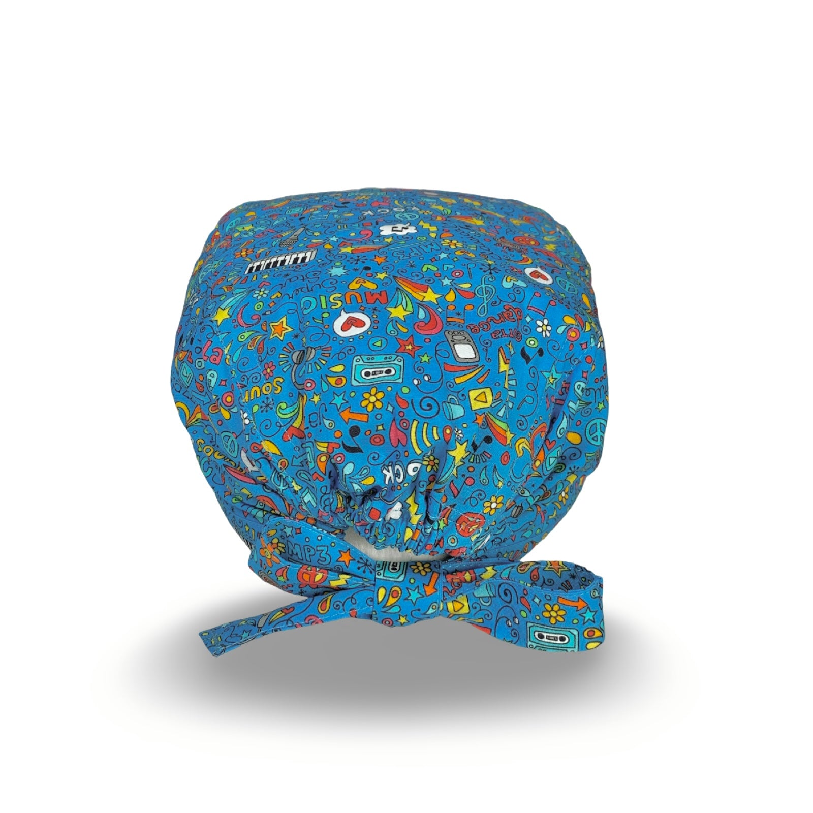 Una compilation di colori imperdibili per questa cuffietta chirurgica che celebra l'amore per la musica in tutte le sue forme, con un accattivante e ricchissima grafica pop, su sfondo azzurro intenso.