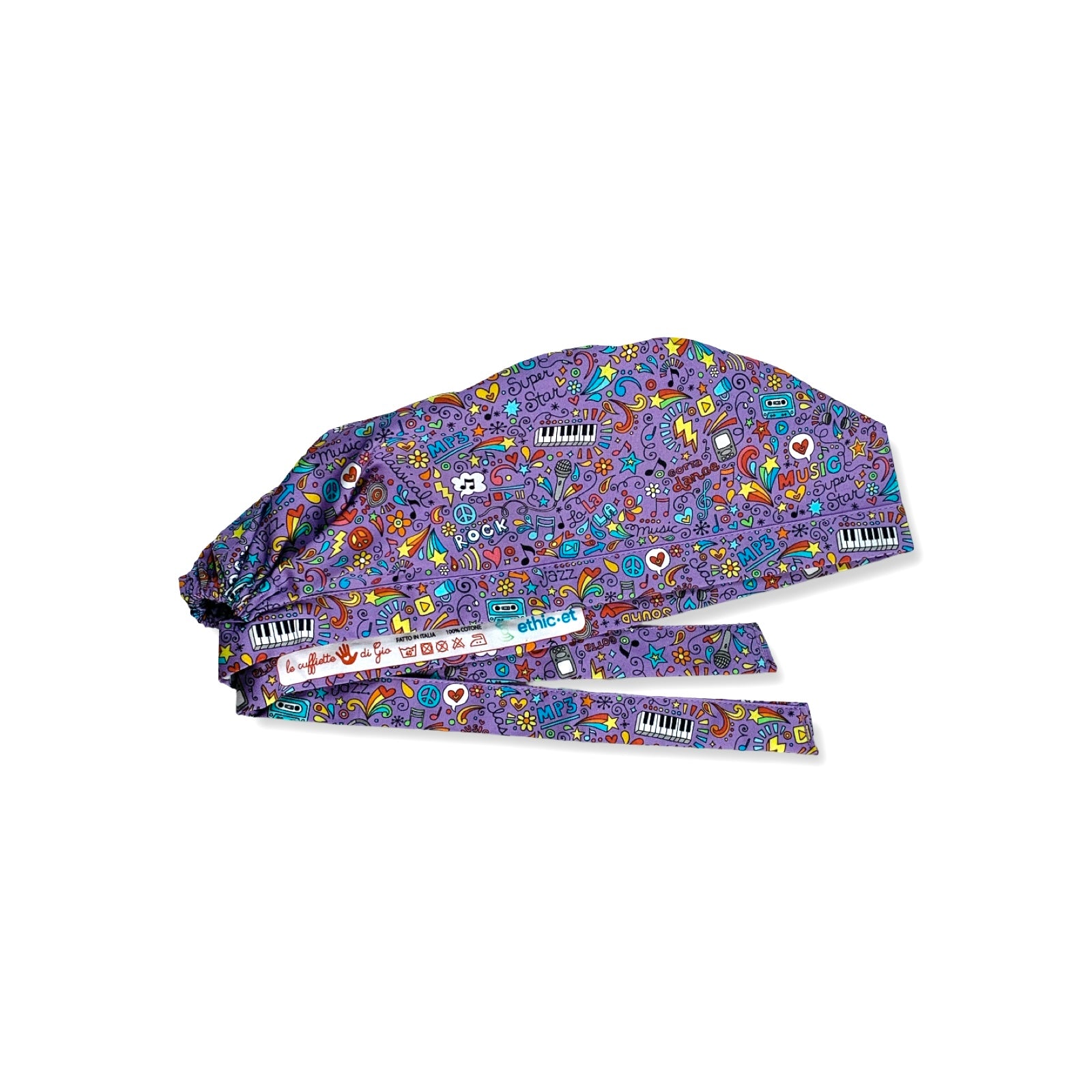 Una compilation di colori imperdibili per questa cuffietta chirurgica che celebra l'amore per la musica in tutte le sue forme, con un accattivante e ricchissima grafica pop, su sfondo lilla.