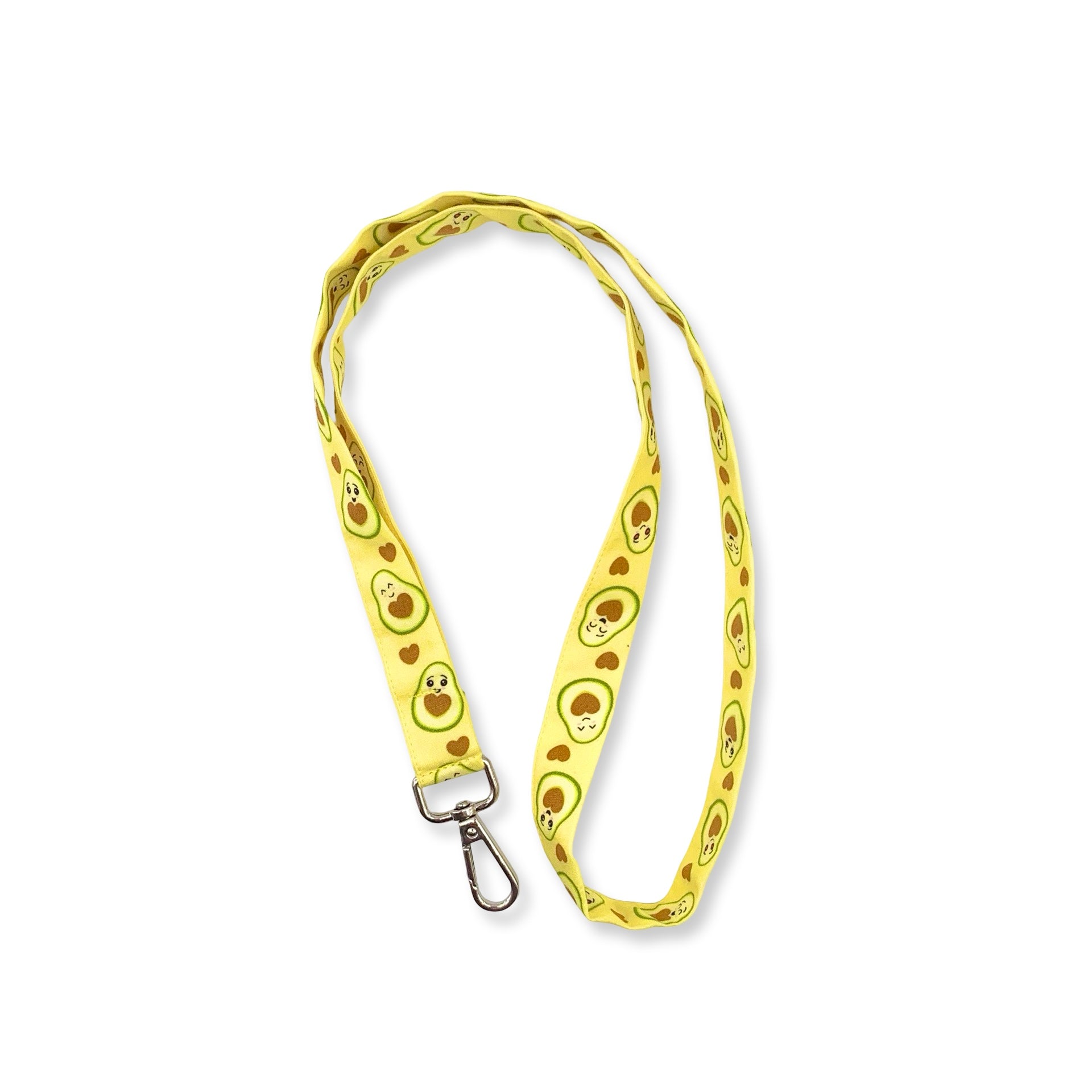 Una fascetta da collo portabadge con simpatici avocado che tagliati a metà svelano un cuore morbido, abbinabile alla tua cuffietta avocado è lunga 45 cm e corredata di moschettone in metallo separabile per il lavaggio grazie al bottone automatico cotone 100% lavabile a 40° moschettone separabile