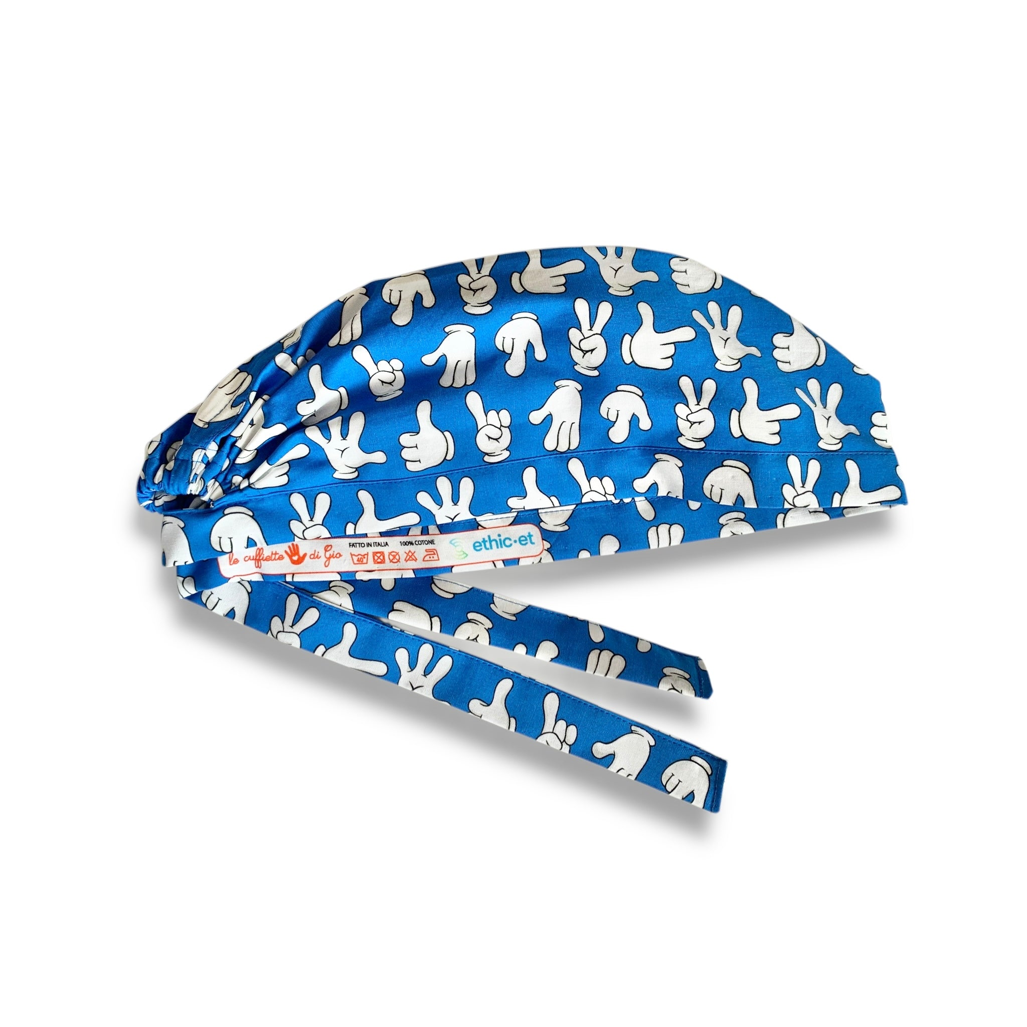 Cuffietta chirurgica con le mani del topo cartoon più famoso del mondo! Splendido il blu elettrico che le esalta in pieno!