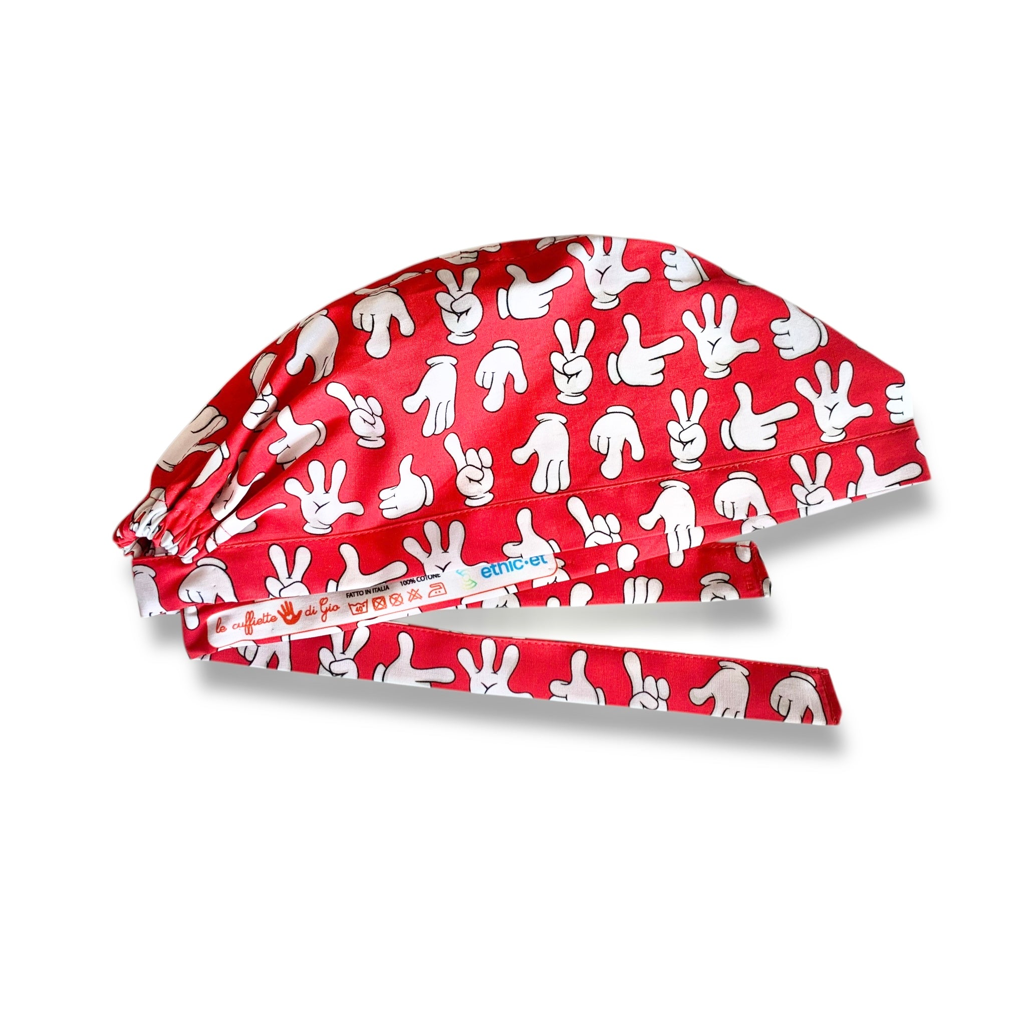 Cuffietta chirurgica con le mani del topo cartoon più famoso del mondo! Splendido il rosso che le esalta in pieno!