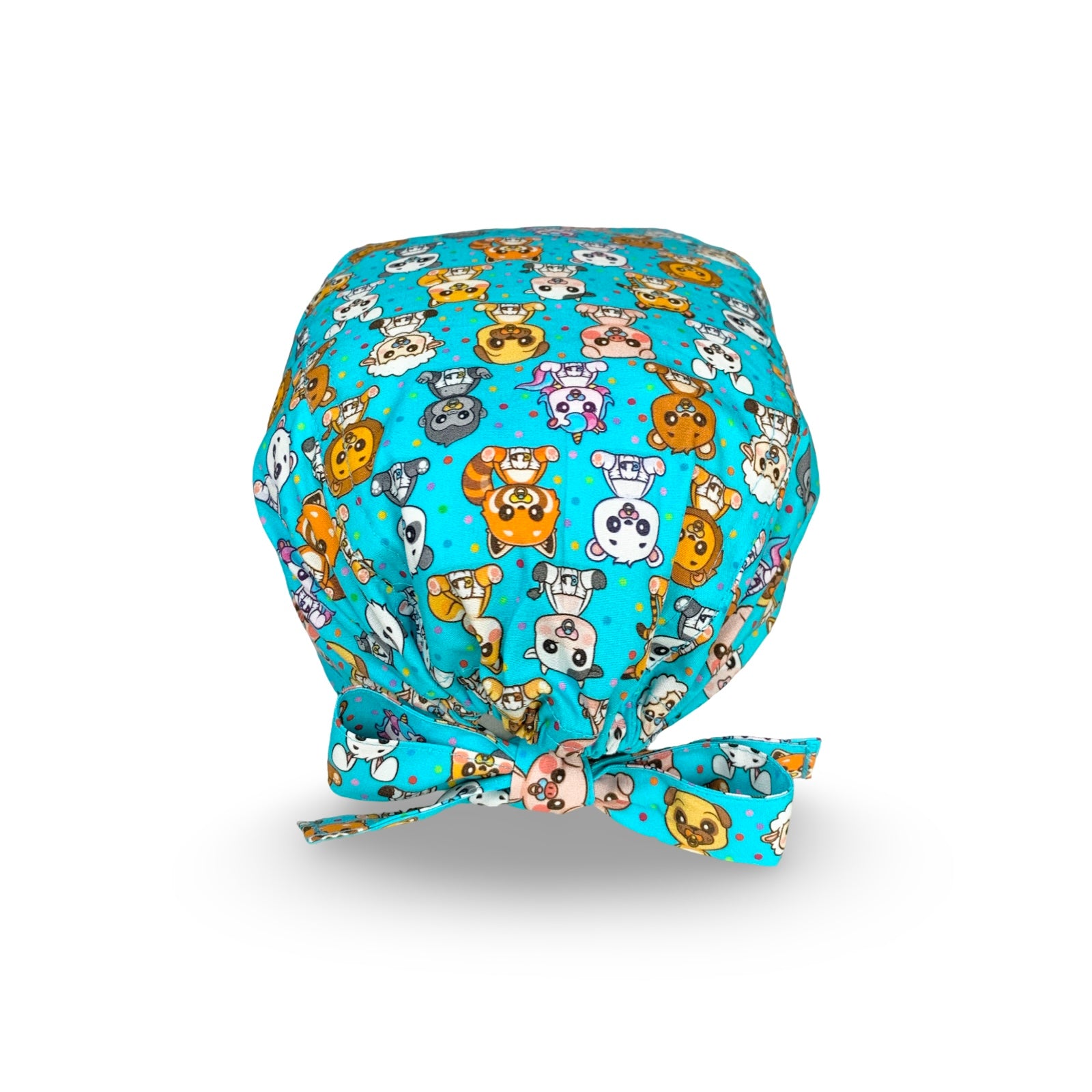 Una dose di dolcezza per questa cuffietta chirurgica con cuccioli di animali con ciuccio e pannolino su base azzurro. L'ideale per chi si occupa di nascita e maternità.