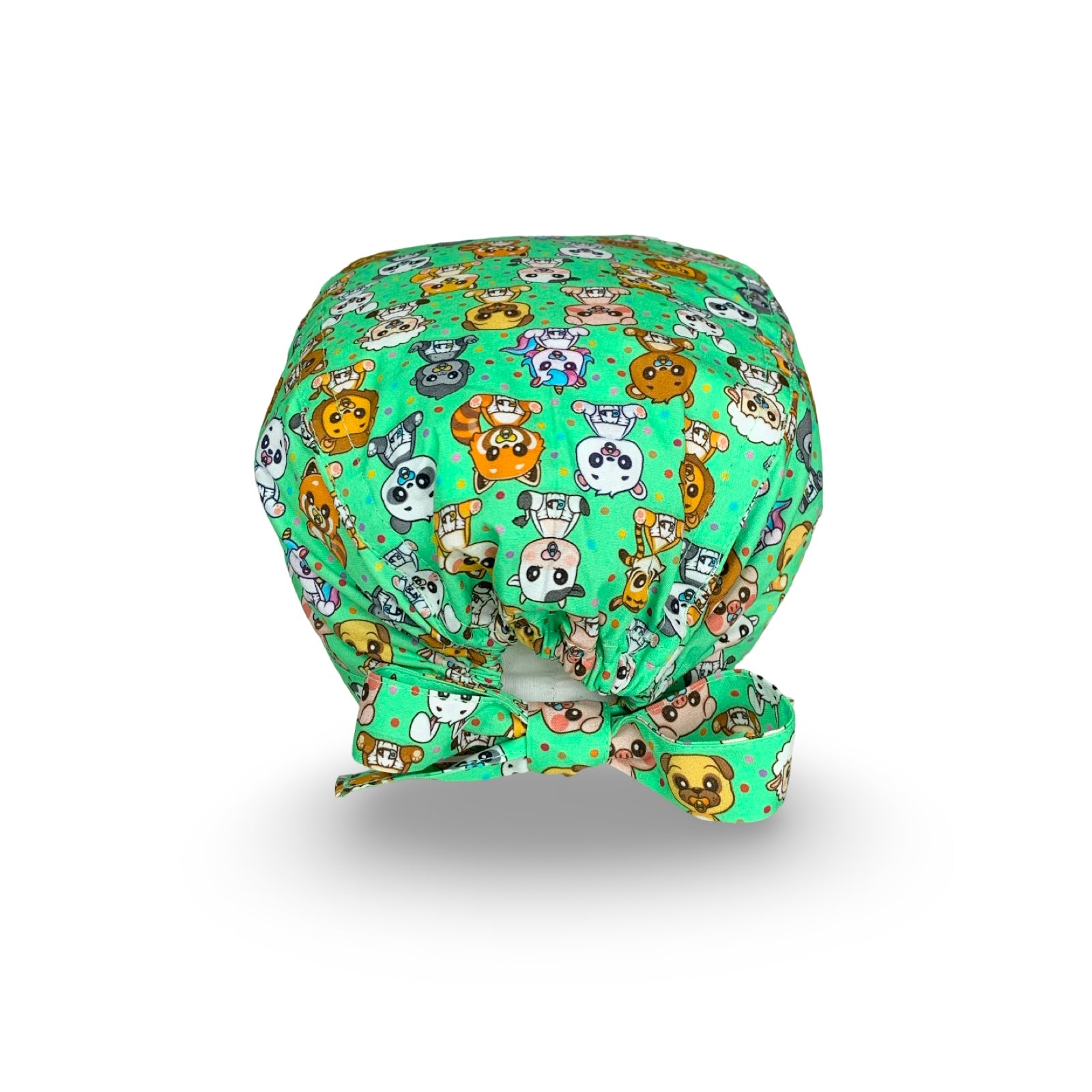 Una dose di dolcezza per questa cuffietta chirurgica con cuccioli di animali con ciuccio e pannolino su base verde lime. L'ideale per chi si occupa di nascita e maternità.