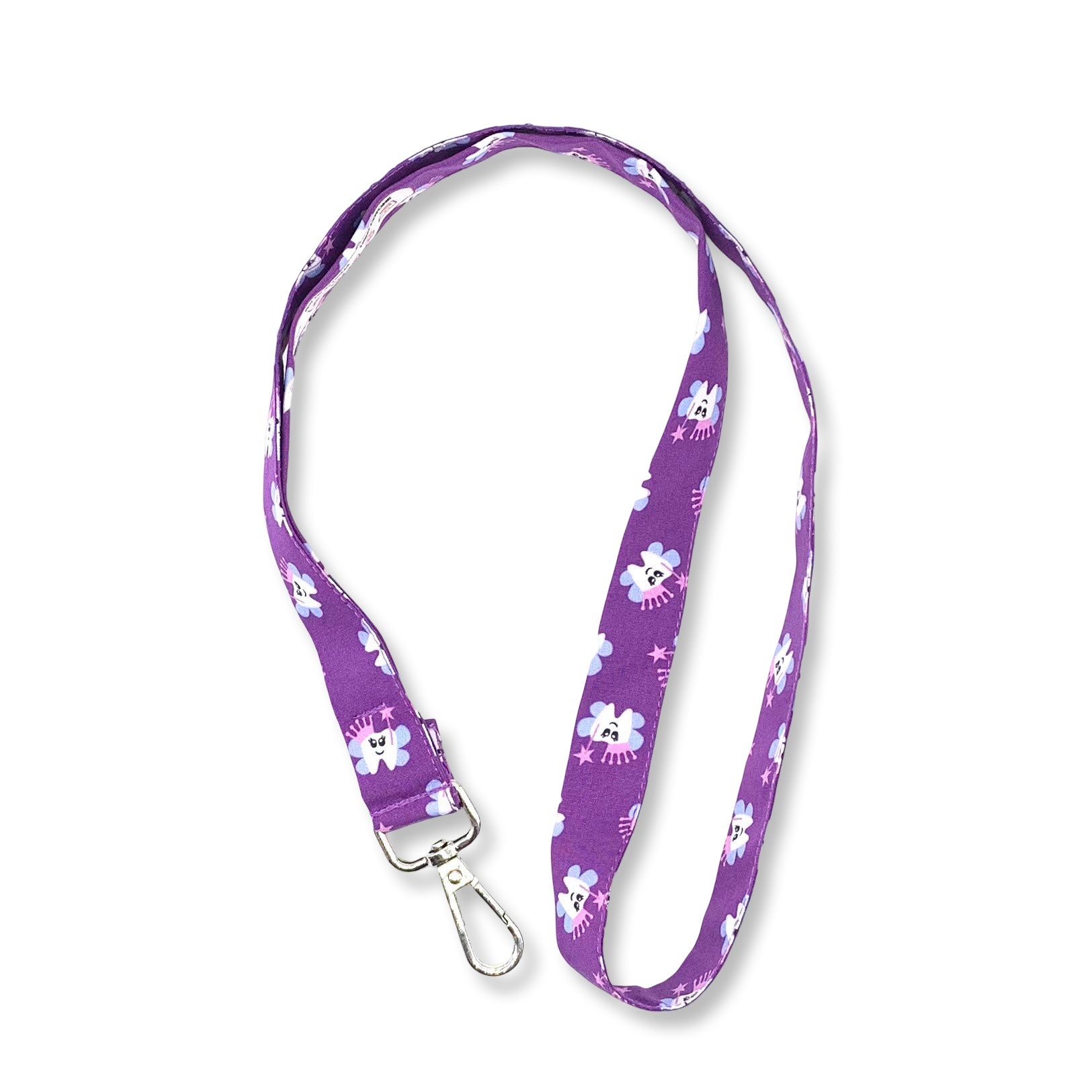 Un design semplice per questo laccetto portabadge: dei dentini sorridenti vestiti da fatina dei denti, con ali, coroncina e bacchetta magica con in cima una stellina. Abbinamenti di colori vincenti: viola per lo sfondo e rosa azzurro per le ali e la coroncina per mettere allegria e serenità anche al più difficile dei pazienti!