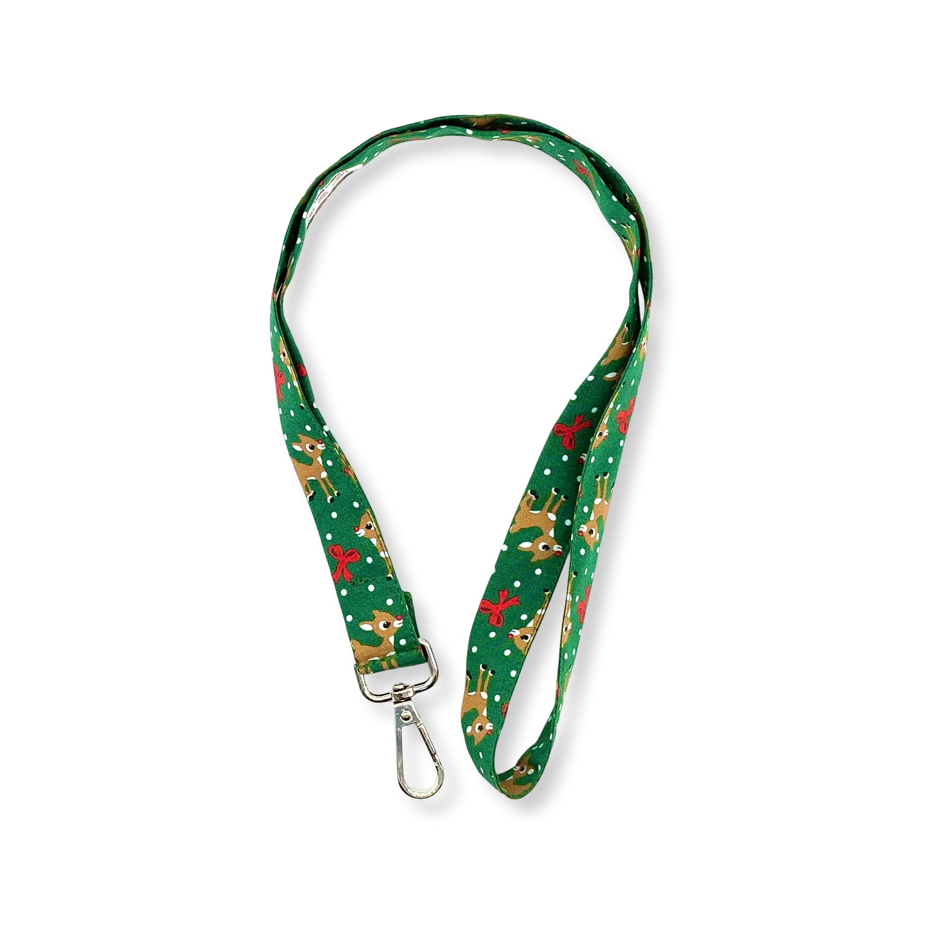 Una fascetta da collo portabadge con un classico natalizio a sfondo rigorosamente verde e Rudolph la renna dal naso rosso luminoso.
