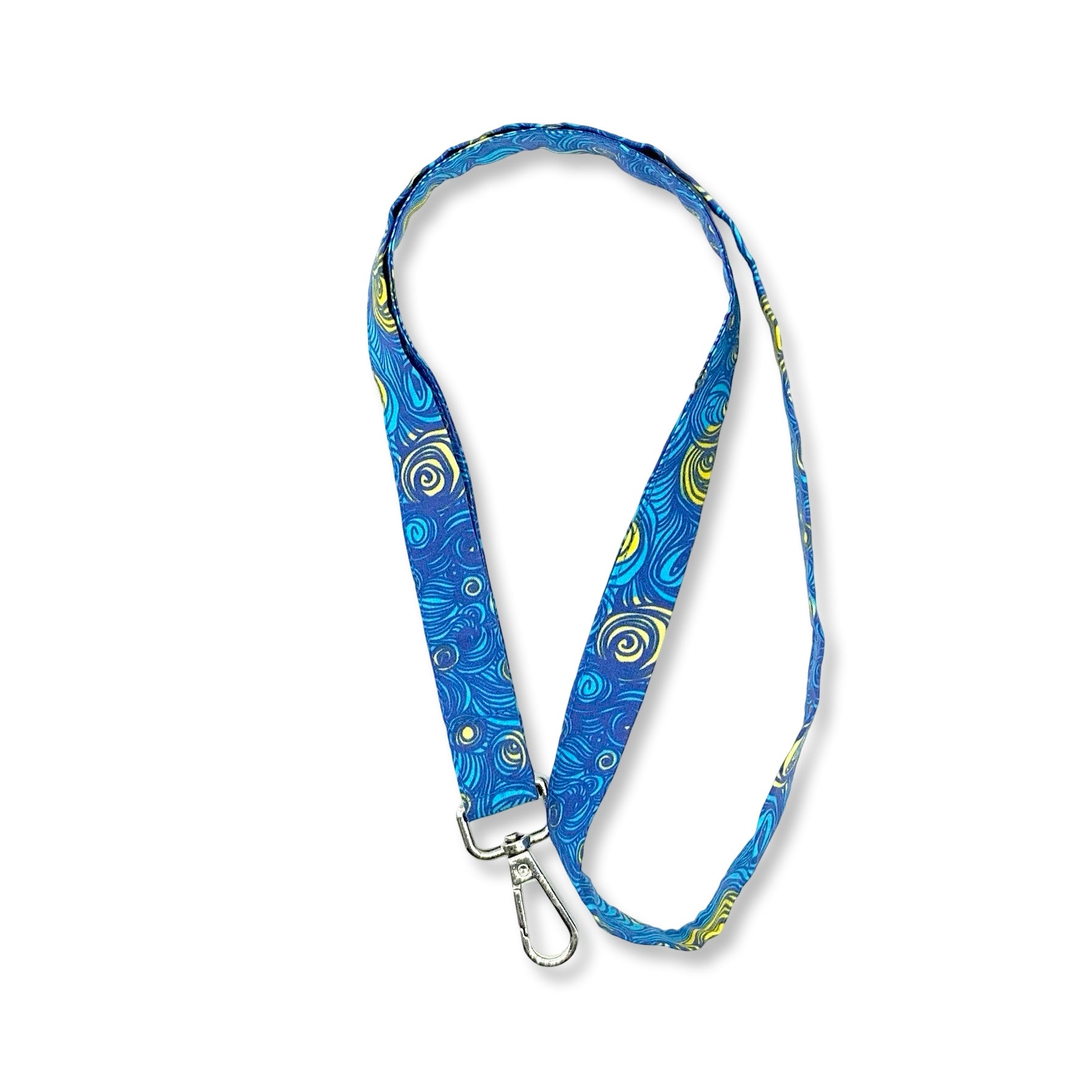 Laccetto portabadge da collo in cotone 100% con moschettone in metallo con un design ispirato a La Notte Stellata di Van Gogh, un classico che rende luminoso ed artistico questo portabadge.
